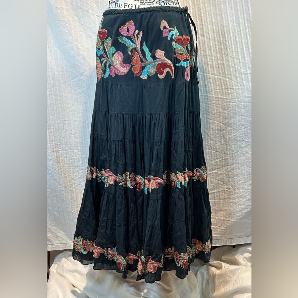 Chaudry Vintage Floral Embroidered Black Tiered Maxi Skirt